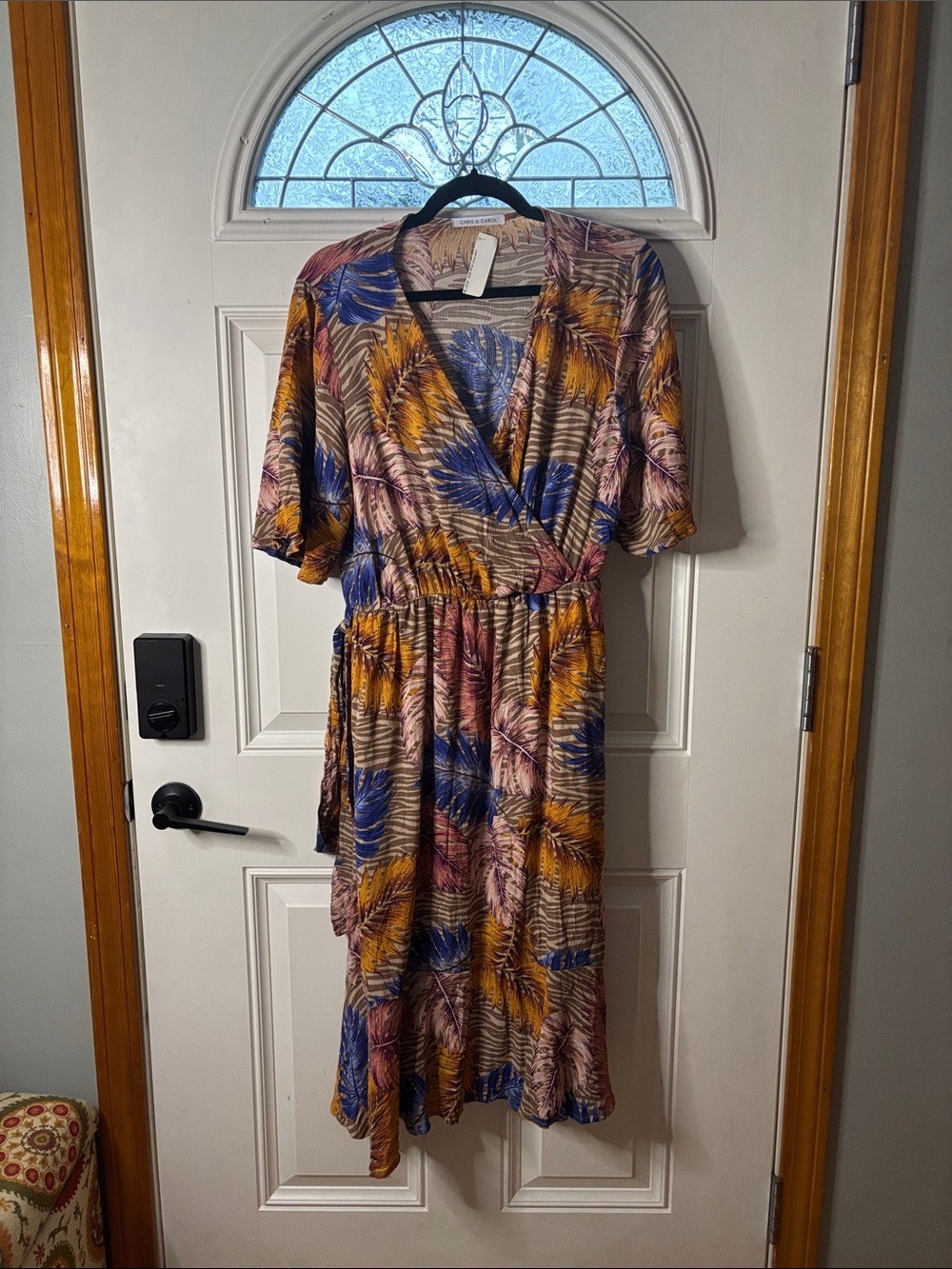 NWT Chris & Carol Midi Wrap Dress in Blue, Mustard & Pink Leaf Print